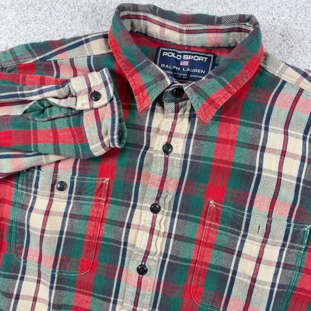 Polo Sport Button Down Mens XL Red Green Plaid Cotton Flannel Shirt 01920